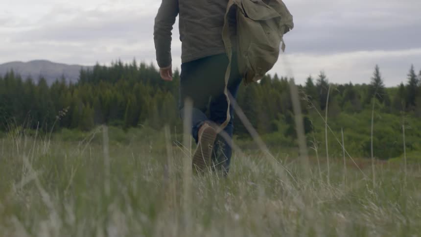 Man wearing backpack walks on the grass in the forest during daylight