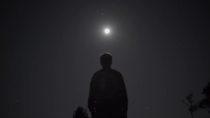 A man is standing outside looking up at a moon at night