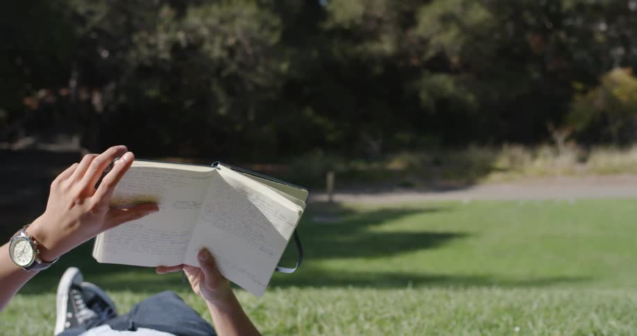A man reads a book while laying down in the grass