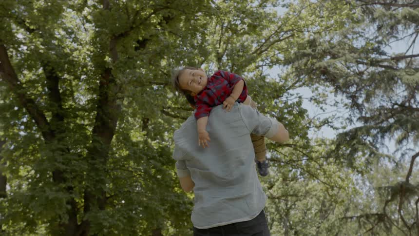 A father and baby play and laugh beneath trees on a summer day