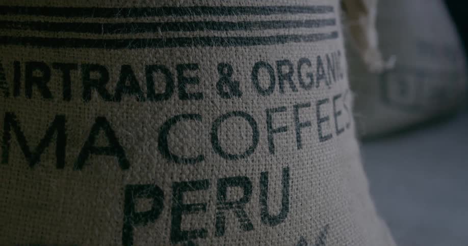 Burlap sack from a country filled with coffee beans