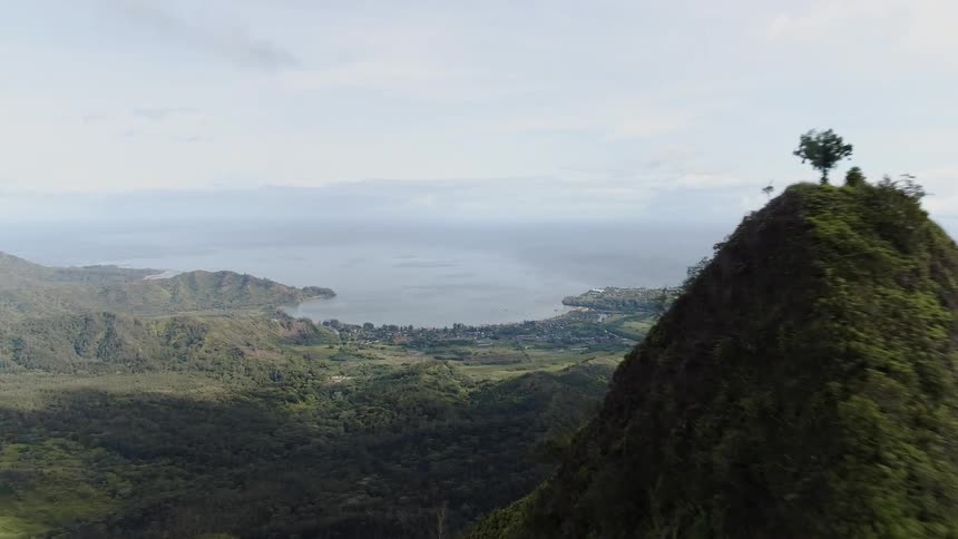 An aerial view of a landscape and mountain peak