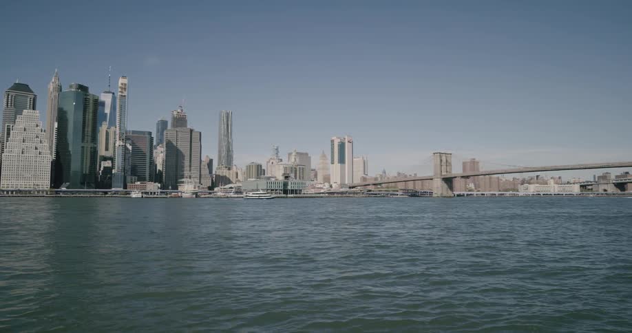 A wide shot of a city alone the river on a clear day