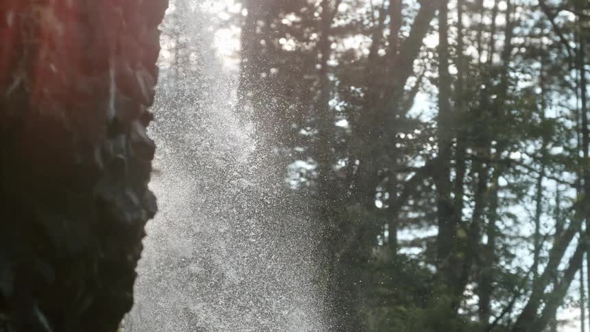 In the middle of a forested area a water from a waterfall splashes down the side of a rocky cliff
