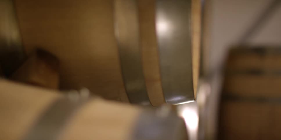 Wood barrels are stacked