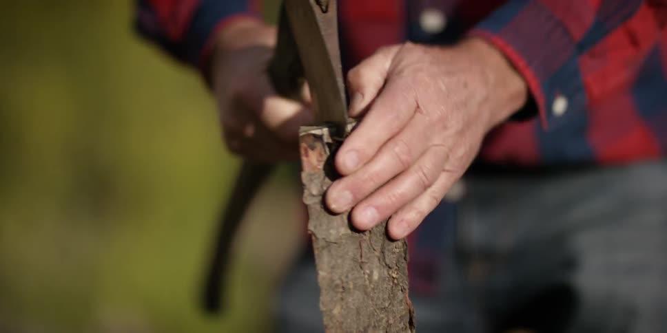 A man chops wood with an axe