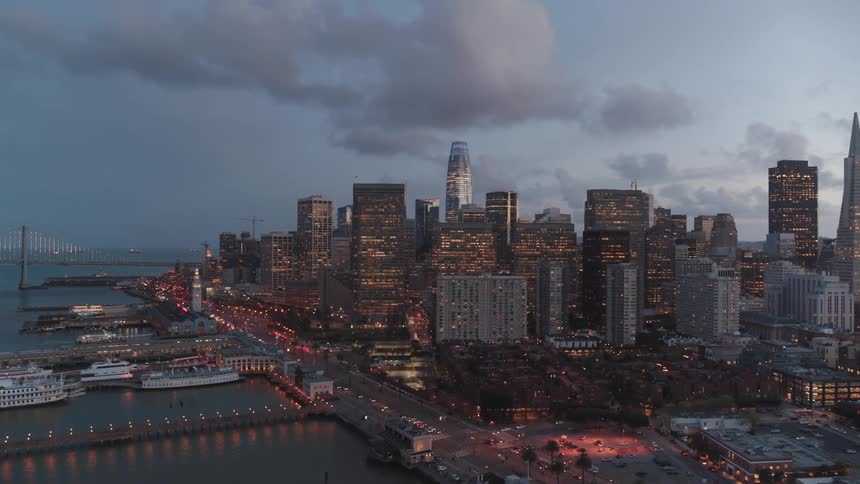 An aerial view of a city light skyline