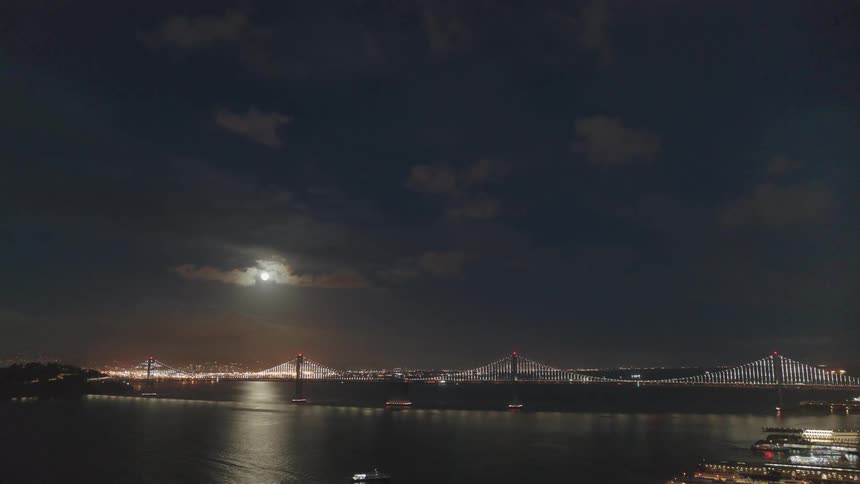 A long bridge over a body of water during the night