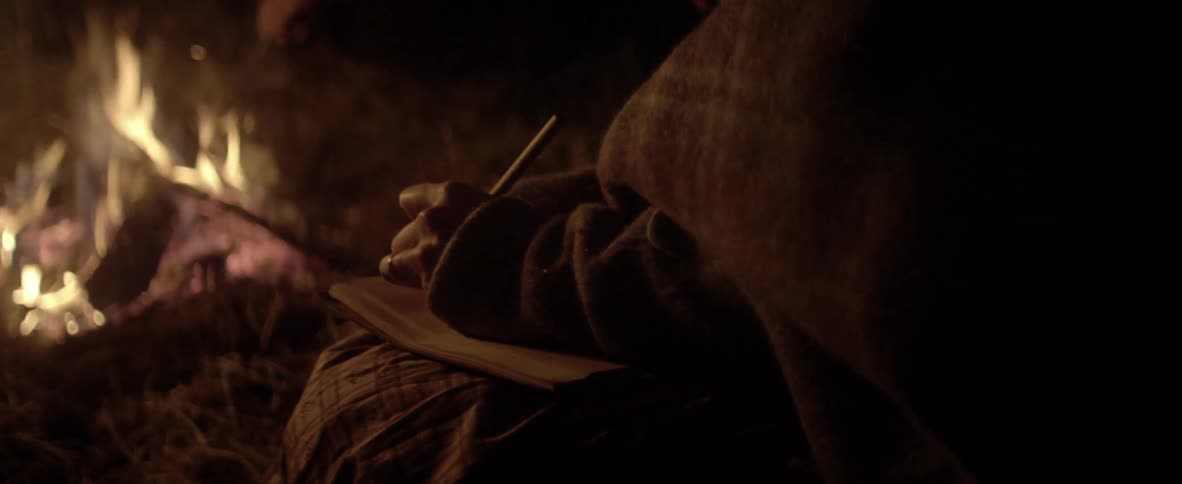 person sitting around campfire writes at night
