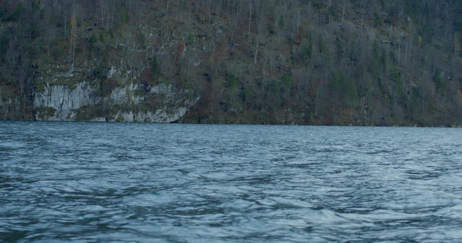 Fast moving waters next to a tree lined mountainous coast