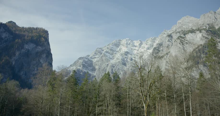 A view of a rocky white mountain with small amounts of snow on it behind pine trees on a cloudy day