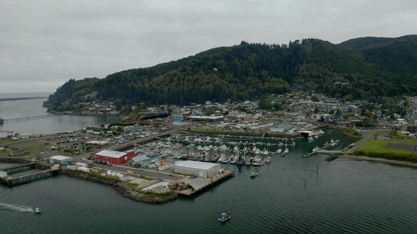 A harbor with boats a town and a mountain in the background