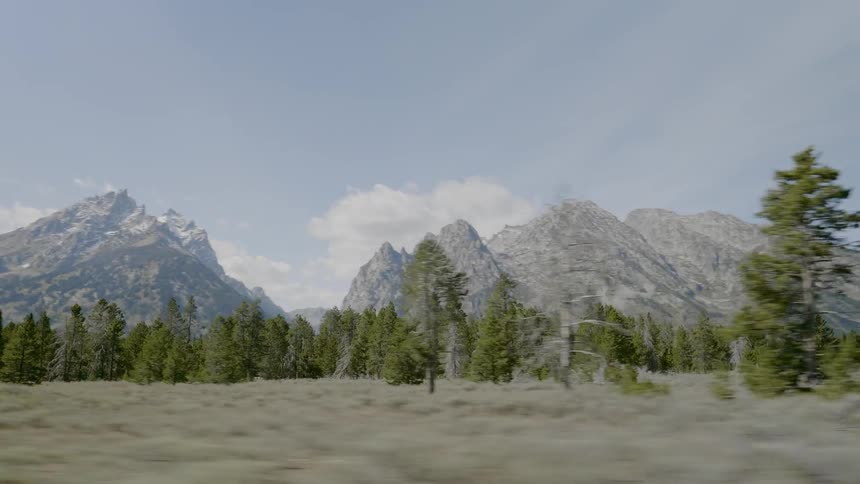 A countryside covered in trees with mountains looming in the distance