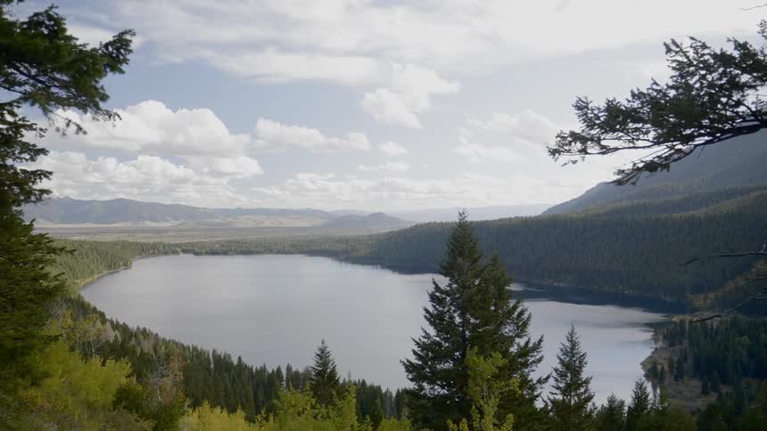 A lake is surrounded by trees and mountains