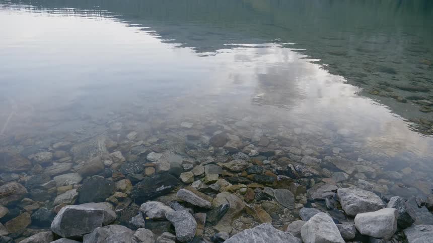 Many rocks sit under the surface of the water