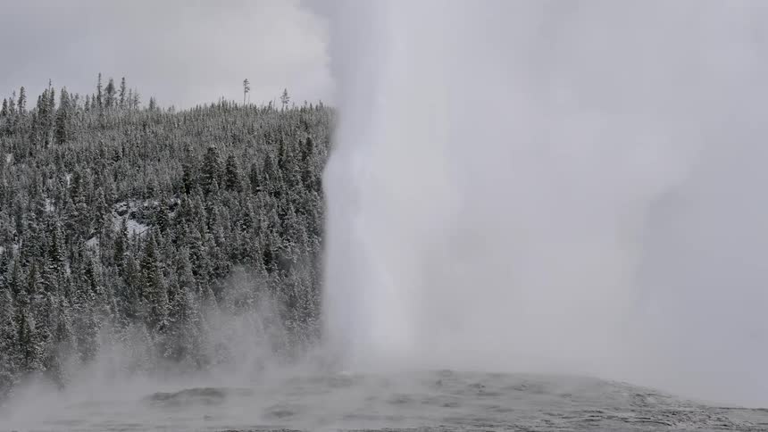 A steam geyser erupts from the ground