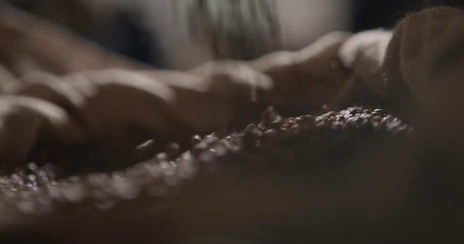 Coffee beans are poured into the bag
