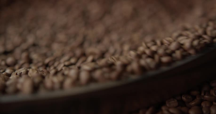 Coffee beans spin in a machine mixer