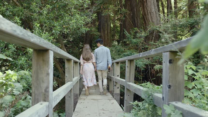 A man and woman holding hands while crossing a narrow wooden bridge in a forest