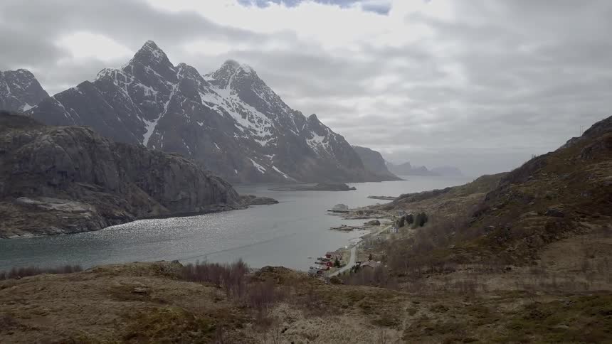 Fjord in Lofoten with mountains in the back