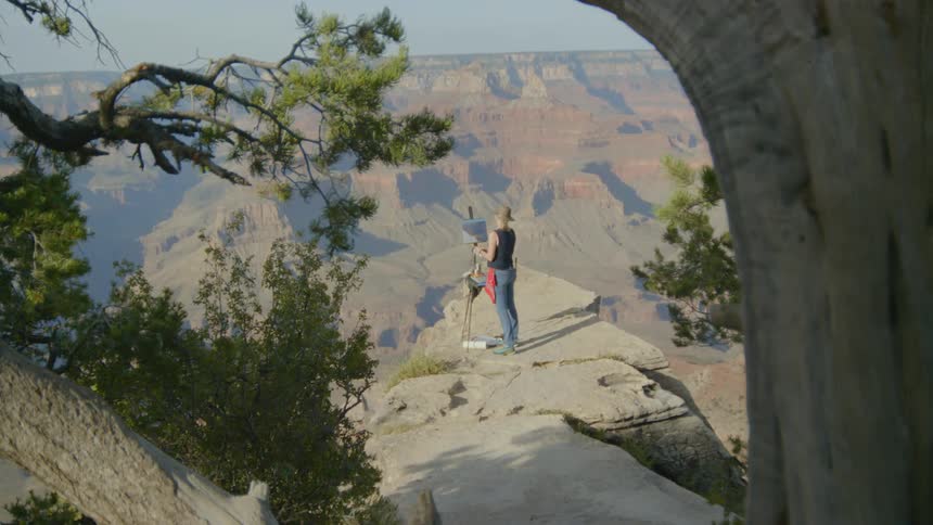 A woman standing on a cliff painting on a canvas