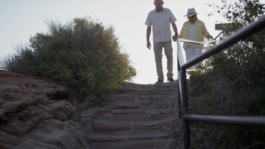 Elderly couple holding hands walking down stairs on park
