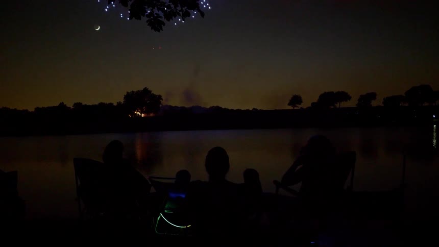 People watching a firework display across a lake