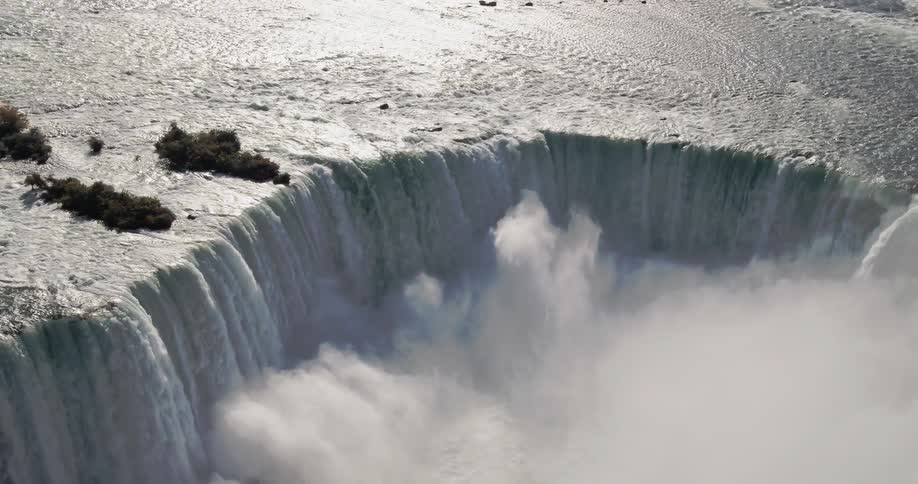 An aerial view of water flowing over niagara falls
