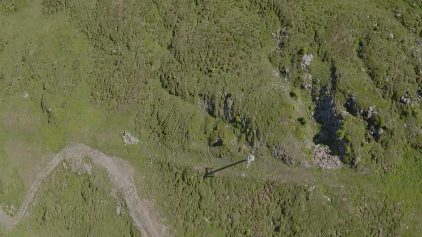 An aerial view of a mountain covered in trees is displayed