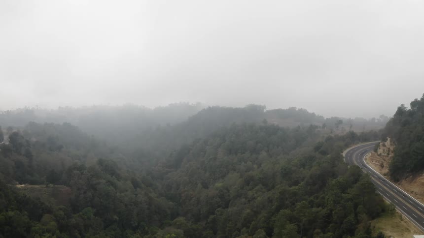 A quiet road through tree covered hills