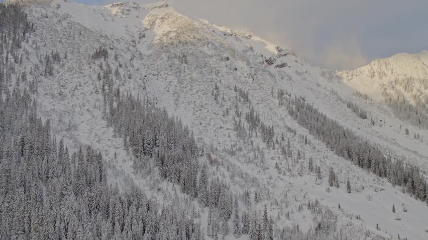 An aerial view of a snowy mountain