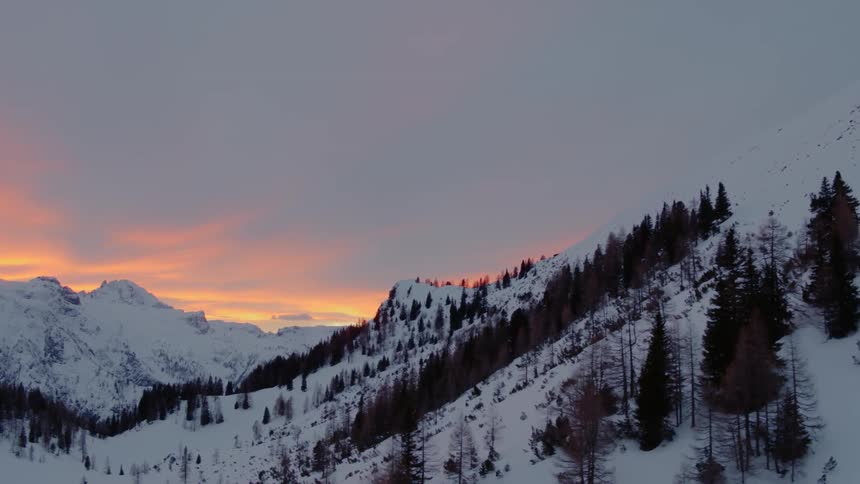 A snow covered mountain with a sparse forest covering at dusk