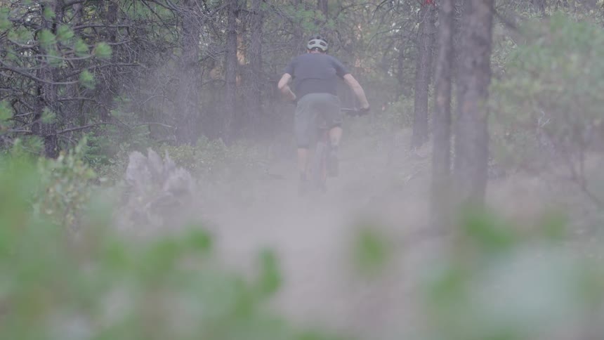 A man is riding a bike in a forest area