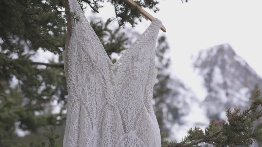 Whites sheer lacy dress hanging on a clothes hanger from a tree outdoors