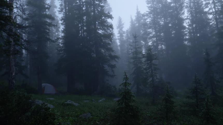 Dark forest with fog at dusk