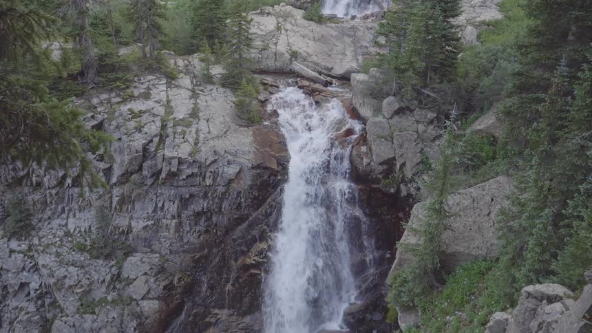 A waterfall cascades down a rocky cliff wall within a heavily forested area