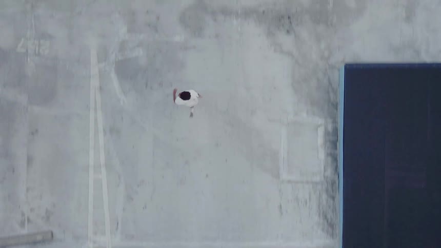 A man runs across a tall roof top building