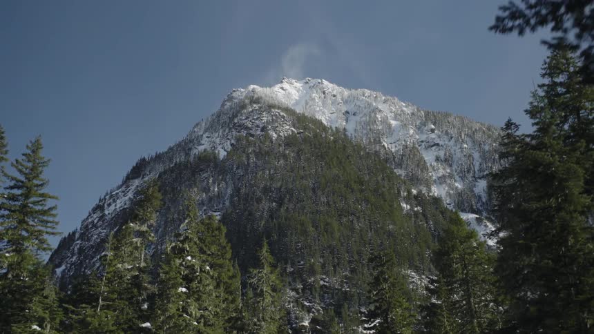 A snow-capped mountains looms overhead