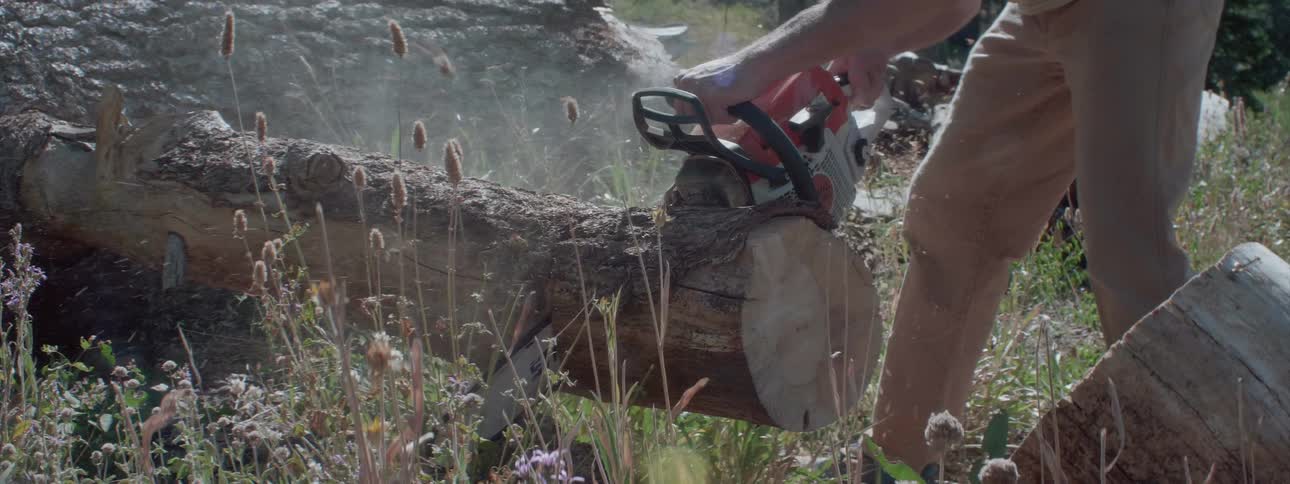 A man cutting a fallen tree trunk with a chainsaw