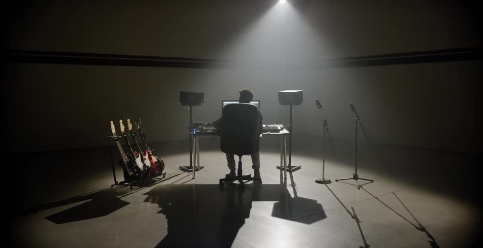 A man sits in front of a small desk with a computer and musical equipment around him