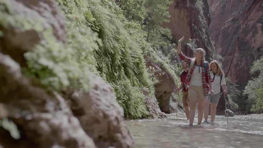 Group walks in a stream between two mountains during the day