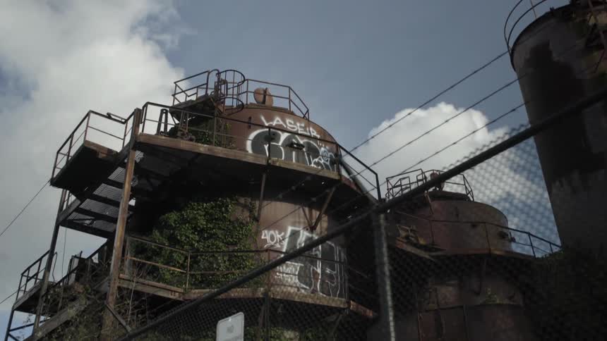 An industrial building is covered in graffiti and vines