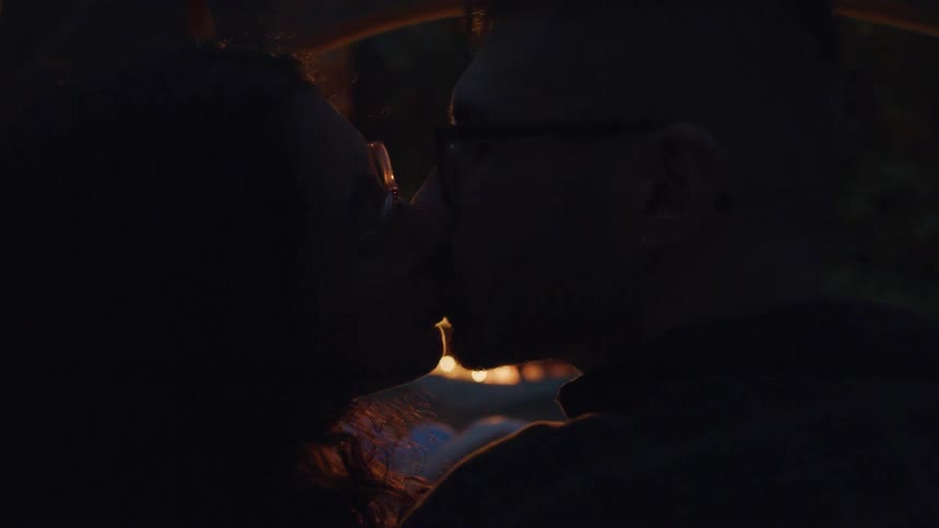 A young bespectacled couple kissin front of a fire