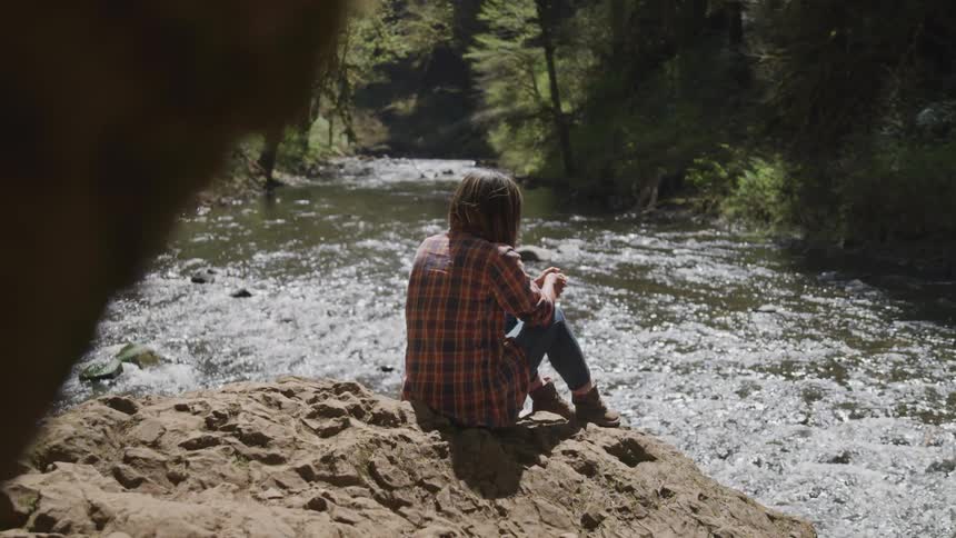 A person sitting on a rock next to a river running through a forest