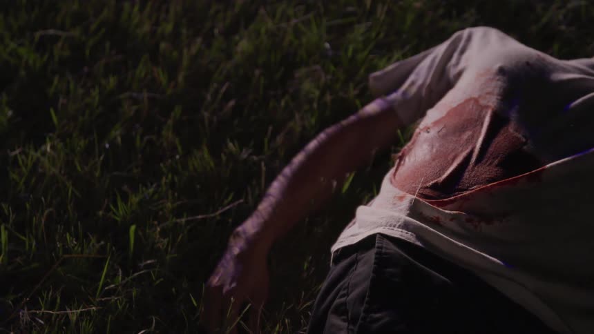 The body of a male wearing a blood soaked white shirt is motionless in a field