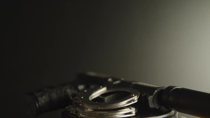 A gun is on the table with handcuffs