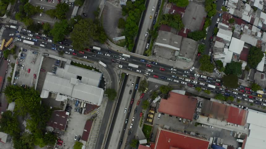 The city below has heavy traffic