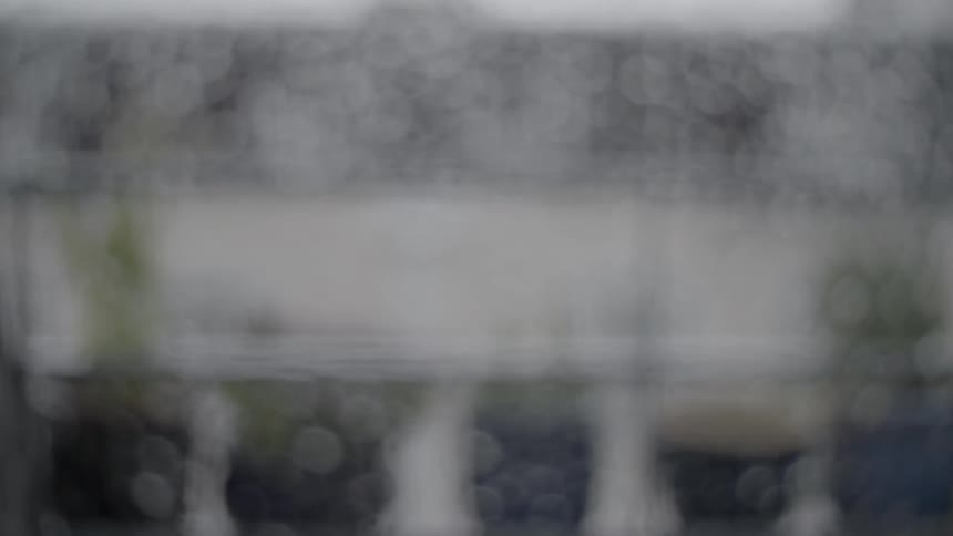 Potted plants on a balcony seen through a rain drop covered window