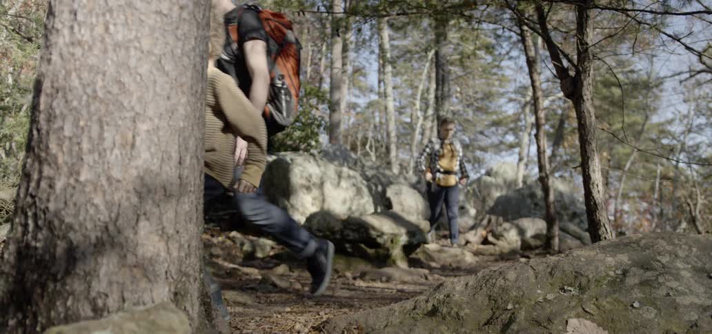 A family is hiking in a forest