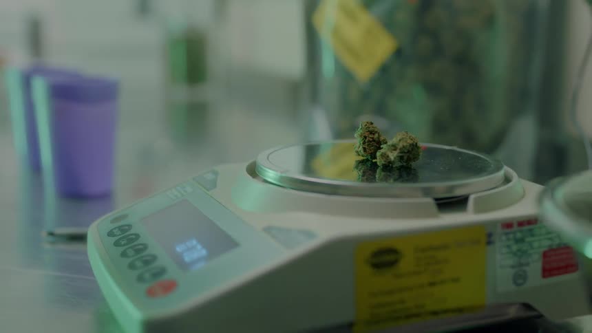 A person wearing gloves puts some drugs on a scale